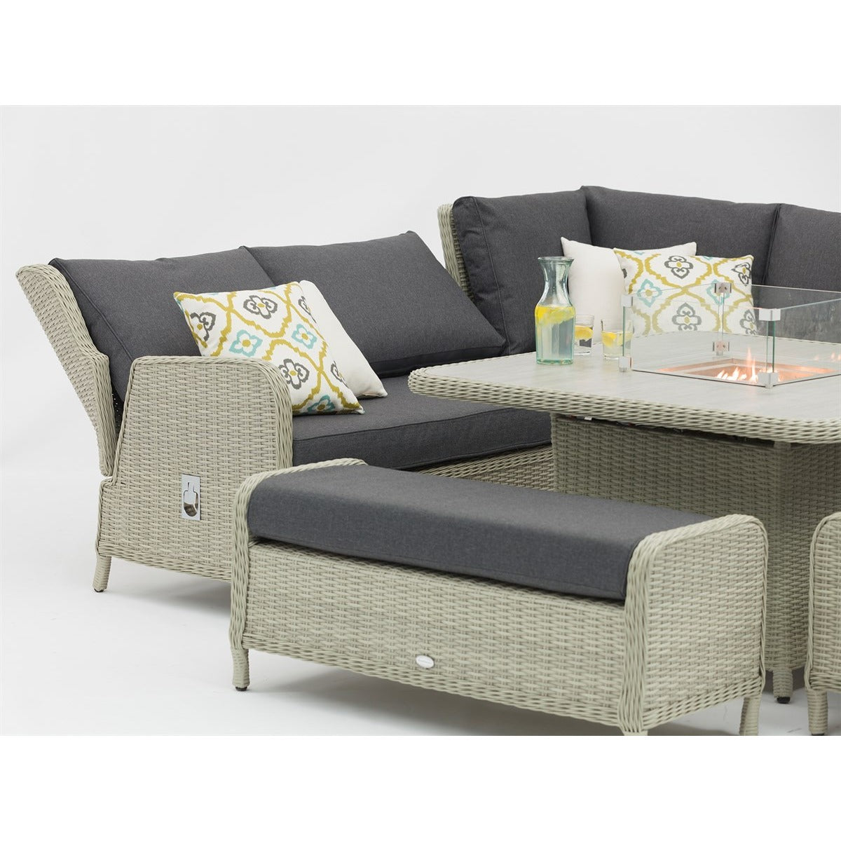 Dove Grey Rattan Reclining Corner Sofa with Square Firepit Table & 2 Benchesgarden