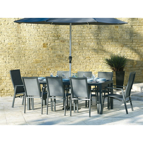 Textilene 8 Seat Rectangle Dining Set, including 2 Recliners, with Parasol & Basegarden