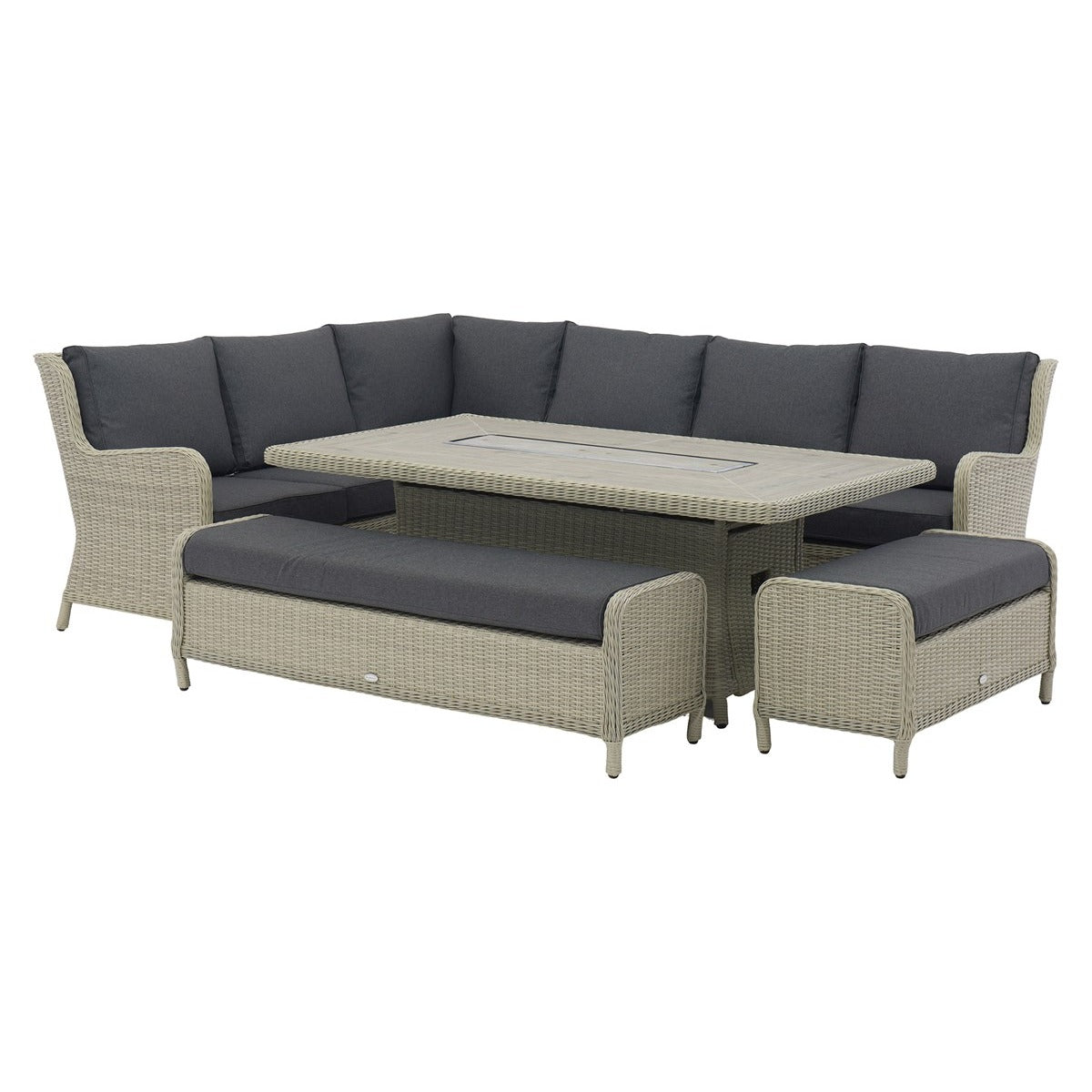 Dove Grey Rattan L-Shape Sofa with Rectangle Firepit Table & 2 Benchesgarden