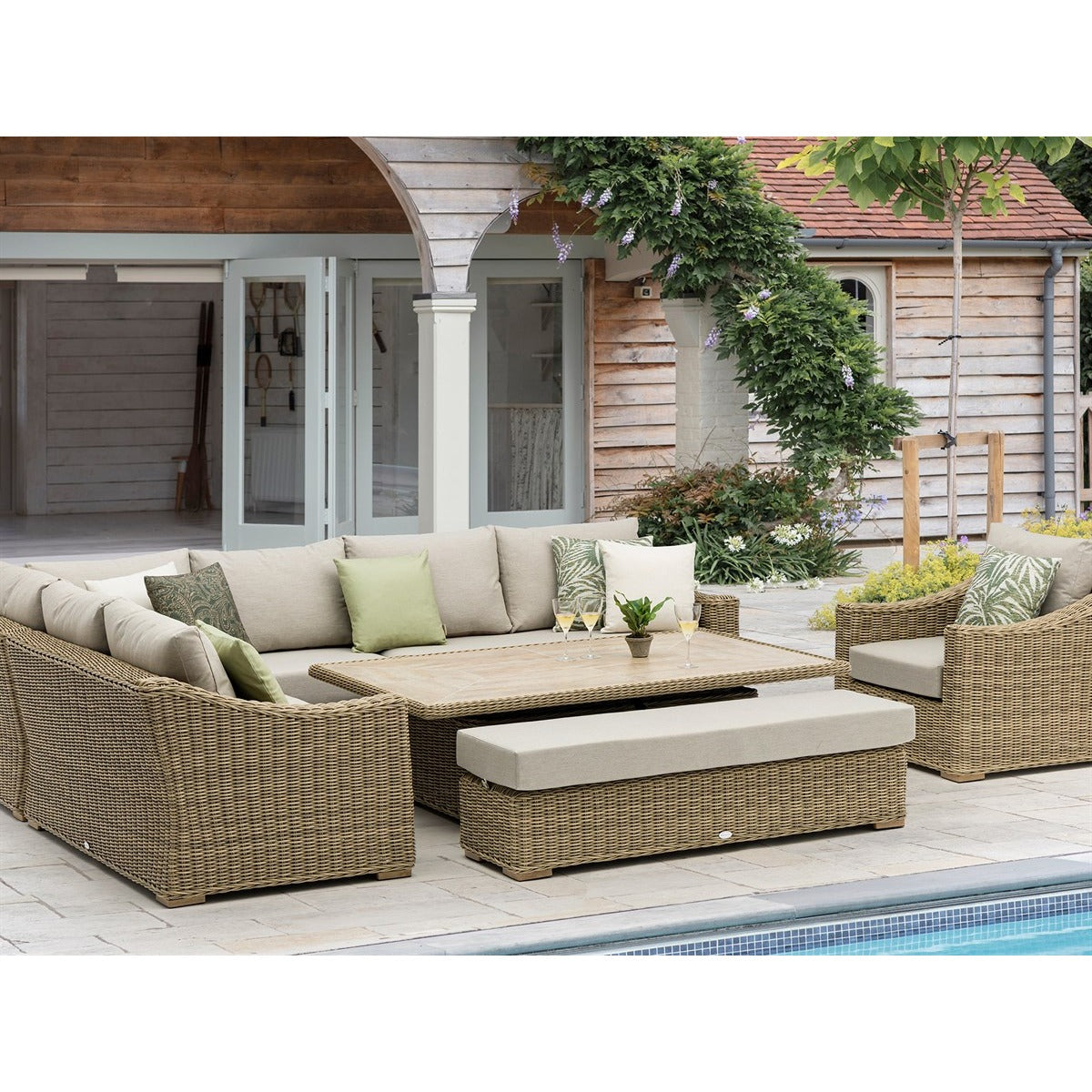 Rattan L-Shape Sofa with Rectangle Piston Adjustable Height Table, Bench & Chairgarden