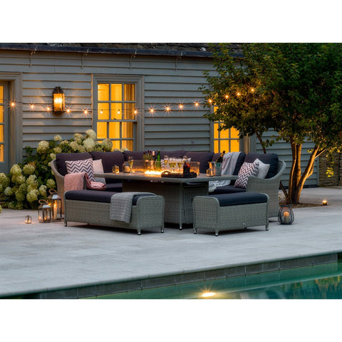 Dove Grey Rattan L-Shape Sofa with Rectangle Firepit Table & 2 Benchesgarden