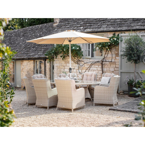 Sandstone Rattan 8 Seat Elliptical Dining Set with lazy Susan, Parasol & Basegarden