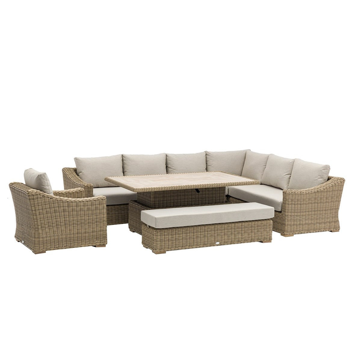 Rattan L-Shape Sofa with Rectangle Piston Adjustable Height Table, Bench & Chairgarden