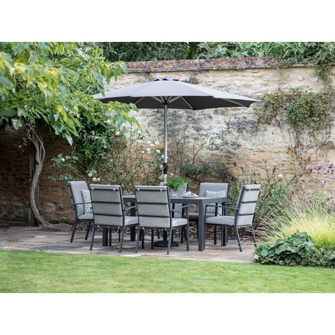 6 Seat Rectangle Dining Set with Valencia Armchairs, Parasol & Basegarden