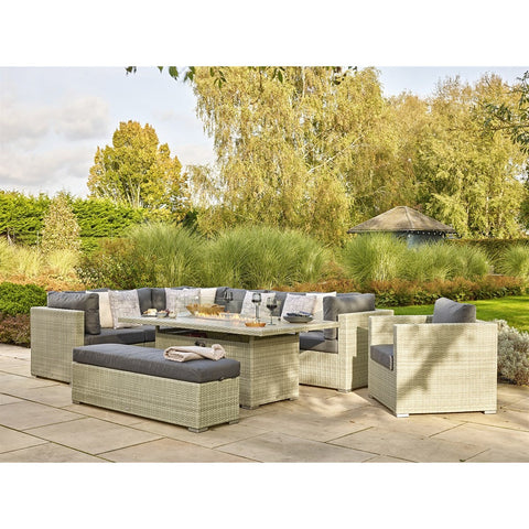 Cloud Rattan L-Shape Sofa with Rectangle Firepit Table, Armchair & Benchgarden