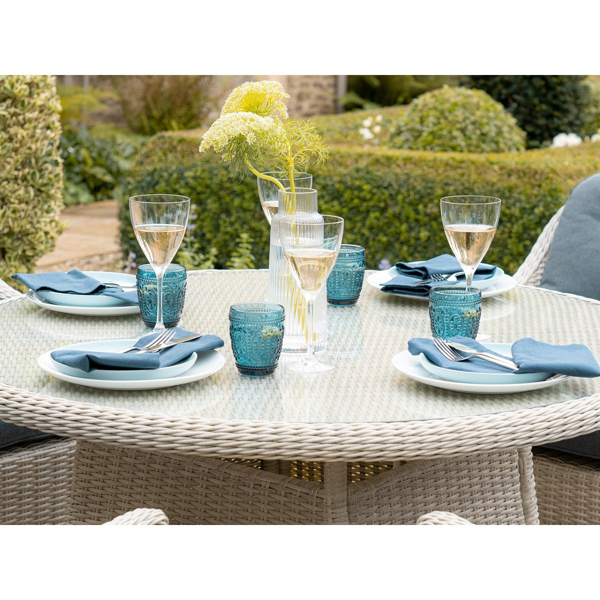 Dove Grey Rattan 4 Seat Round Dining Set with Parasol & Basegarden