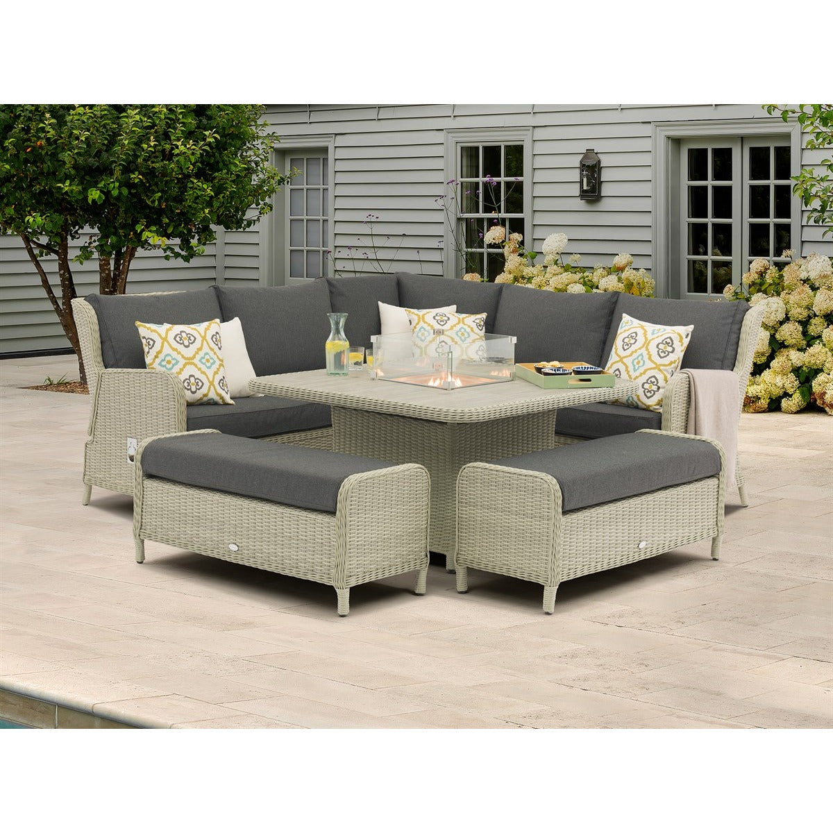 Dove Grey Rattan Reclining Corner Sofa with Square Firepit Table & 2 Benchesgarden