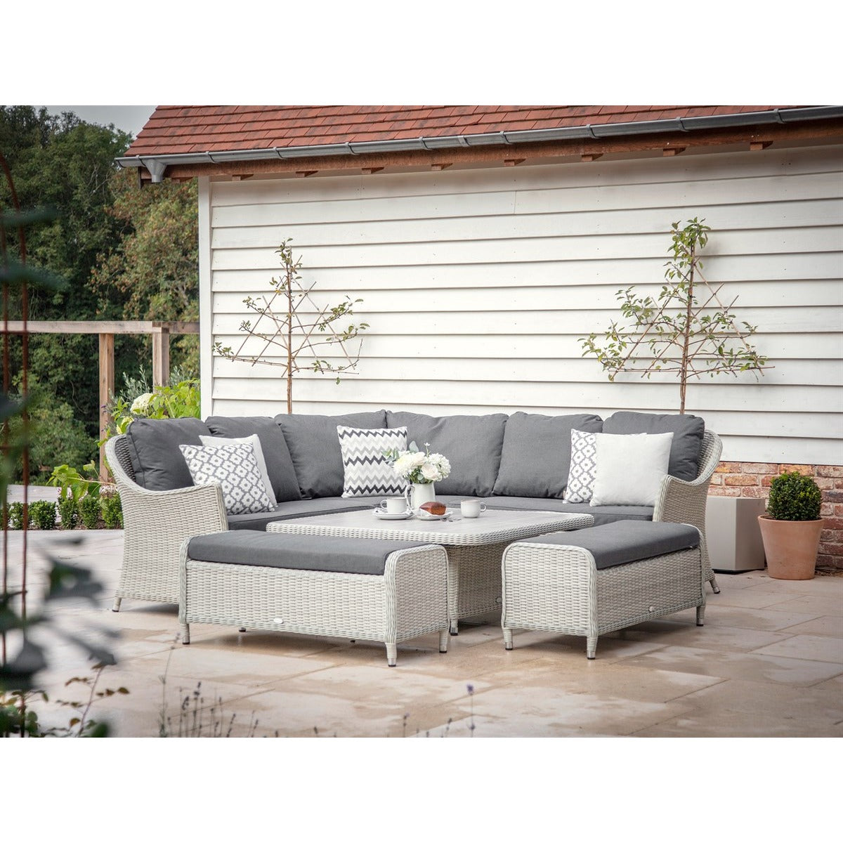 Dove Grey Rattan Curved Corner Sofa with Square Dual Height Table & 2 Benchesgarden