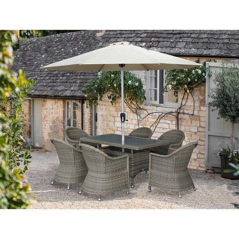 Rattan 6 Seat Deluxe Rectangle Dining Set with Parasol & Basegarden