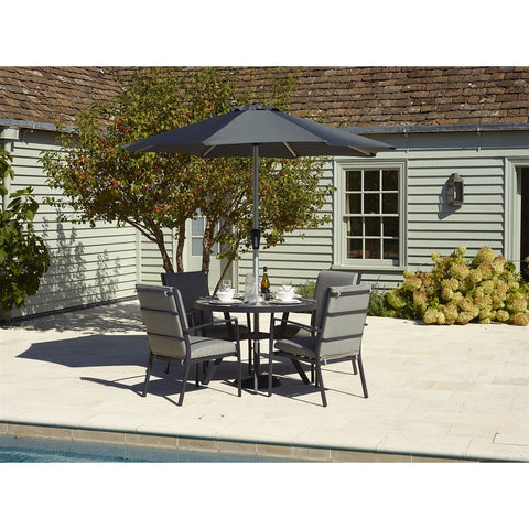 4 Seat Round Dining Set with Valencia Chairs, Parasol & Basegarden