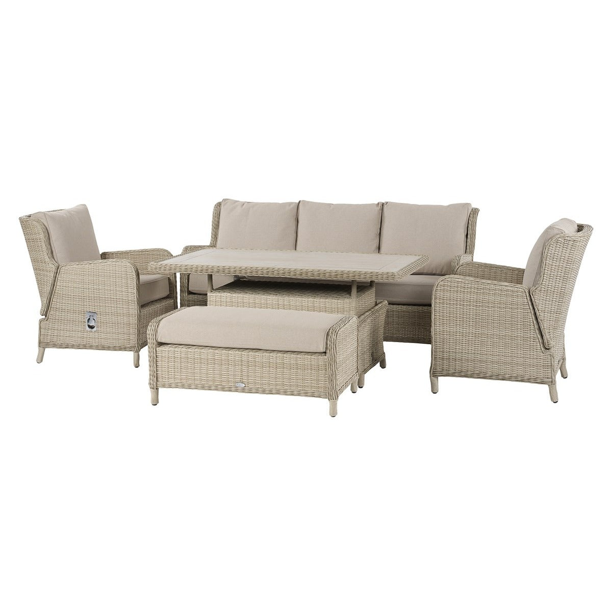 Sandstone Rattan Reclining 3 Seater Sofa with Rectangle Dual Height Table, 2 Reclining Armchairs & Benchgarden