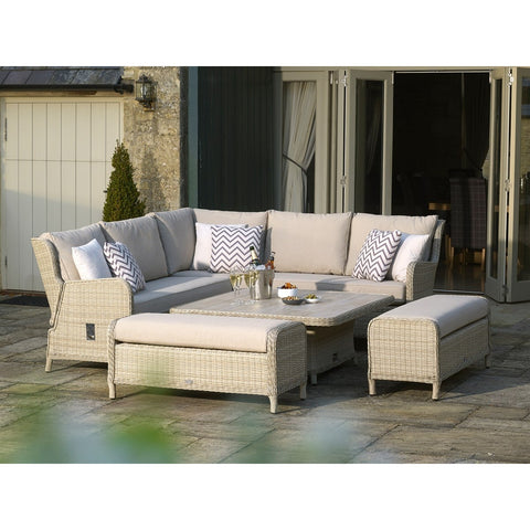 Sandstone Rattan Reclining Corner Sofa with Square Dual Height Table & 2 Benchesgarden