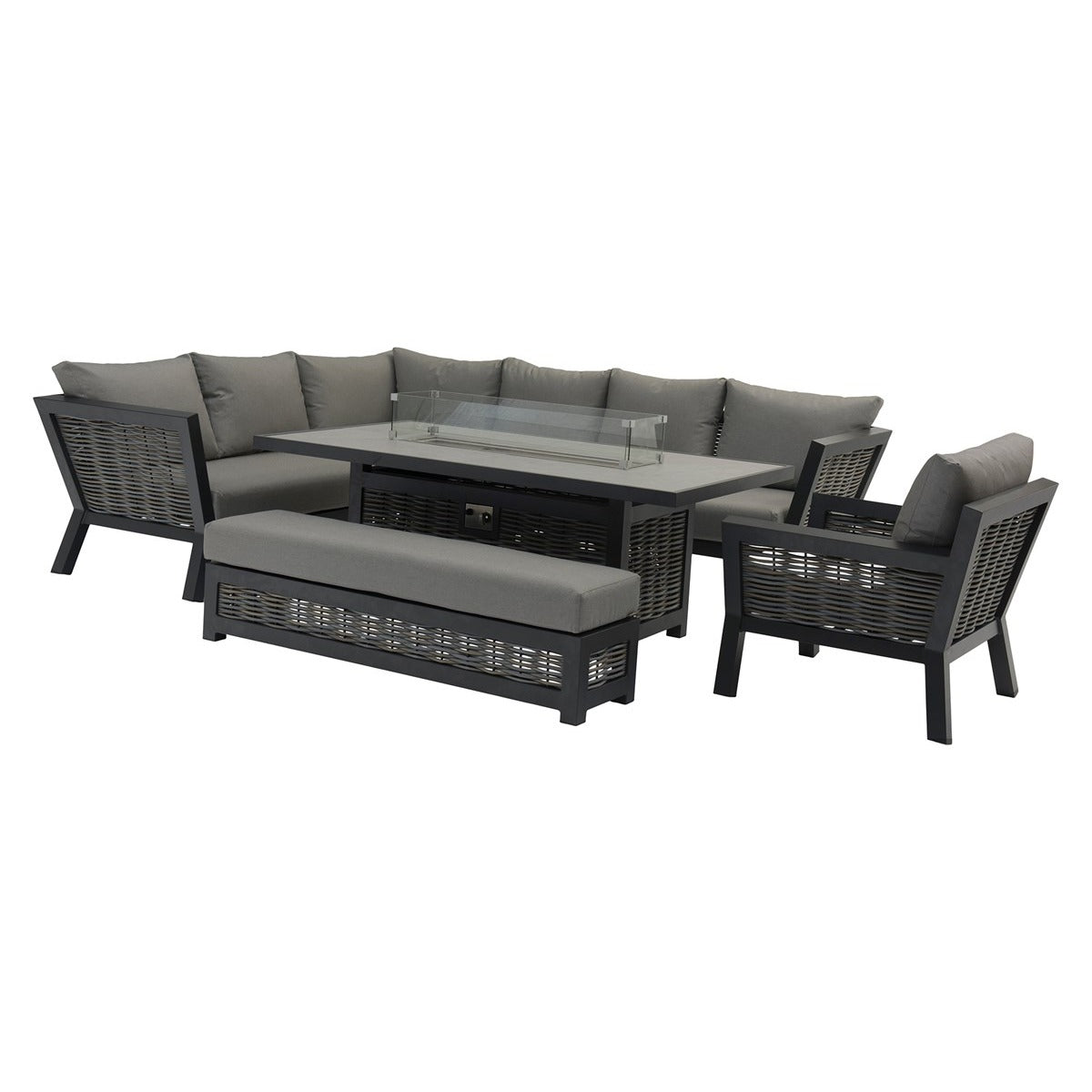 Wicker L-Shape Sofa with Rectangle Firepit Table, Bench & Chairgarden