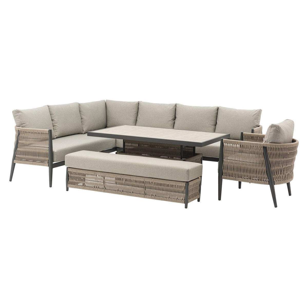 L-Shape Sofa with Rectangle Dual Height Table, Bench & Chairgarden