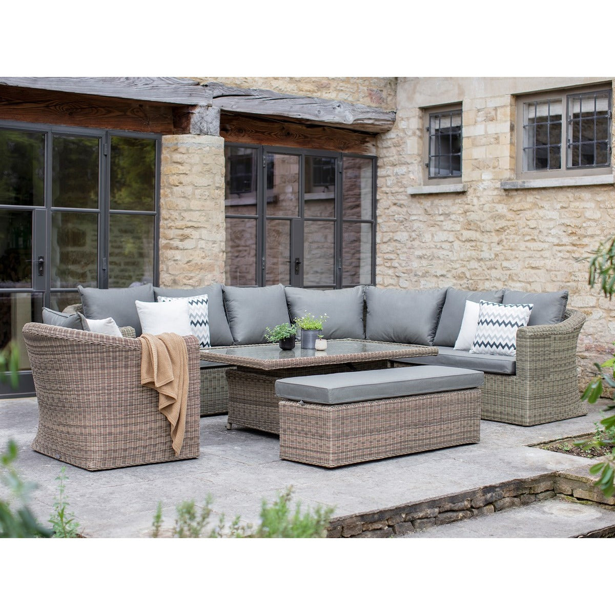 Rattan L-Shape Deluxe Sofa Set with Dual Height Tablegarden