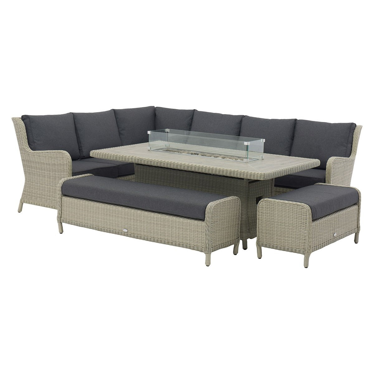 Dove Grey Rattan L-Shape Sofa with Rectangle Firepit Table & 2 Benchesgarden