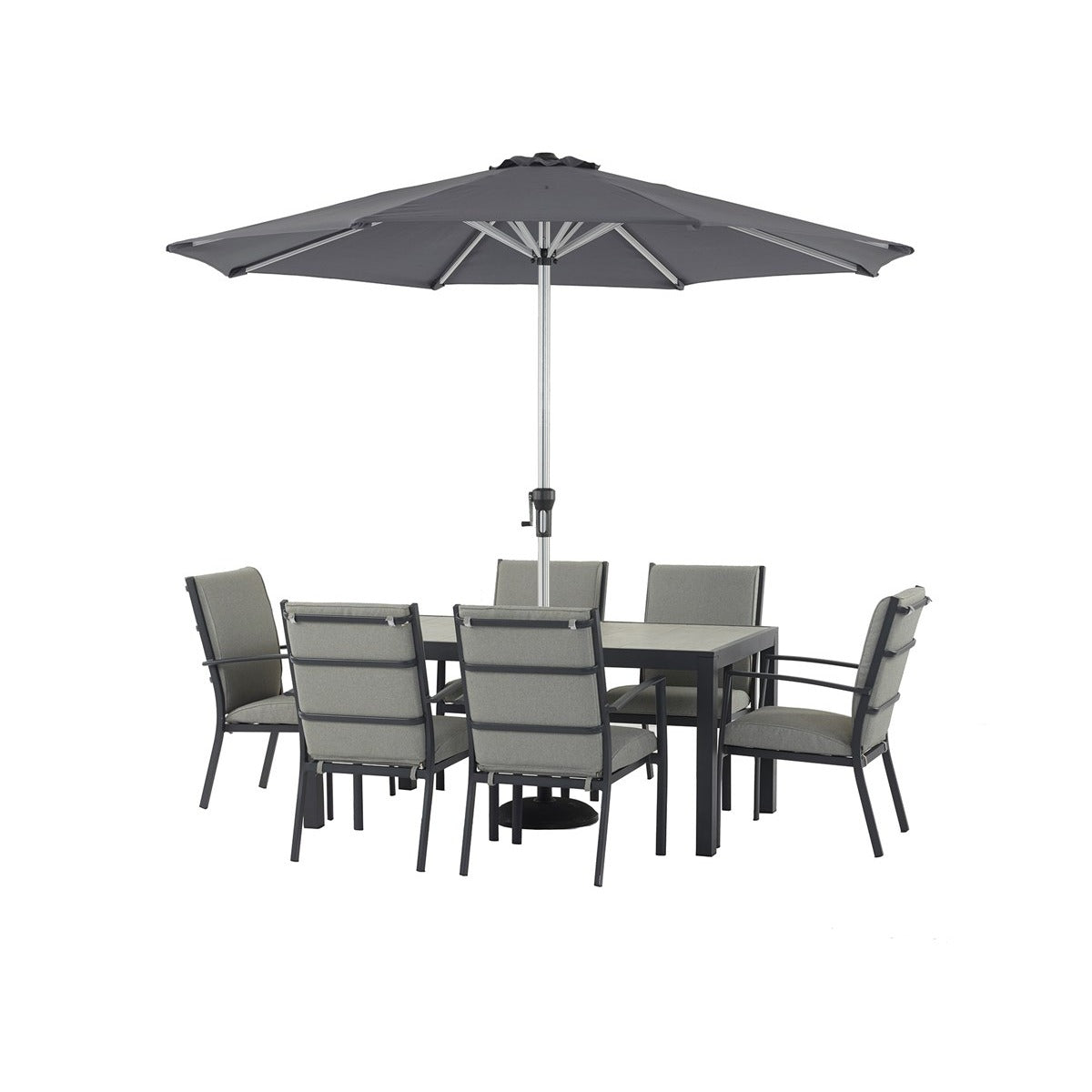 6 Seat Rectangle Dining Set with Valencia Armchairs, Parasol & Basegarden