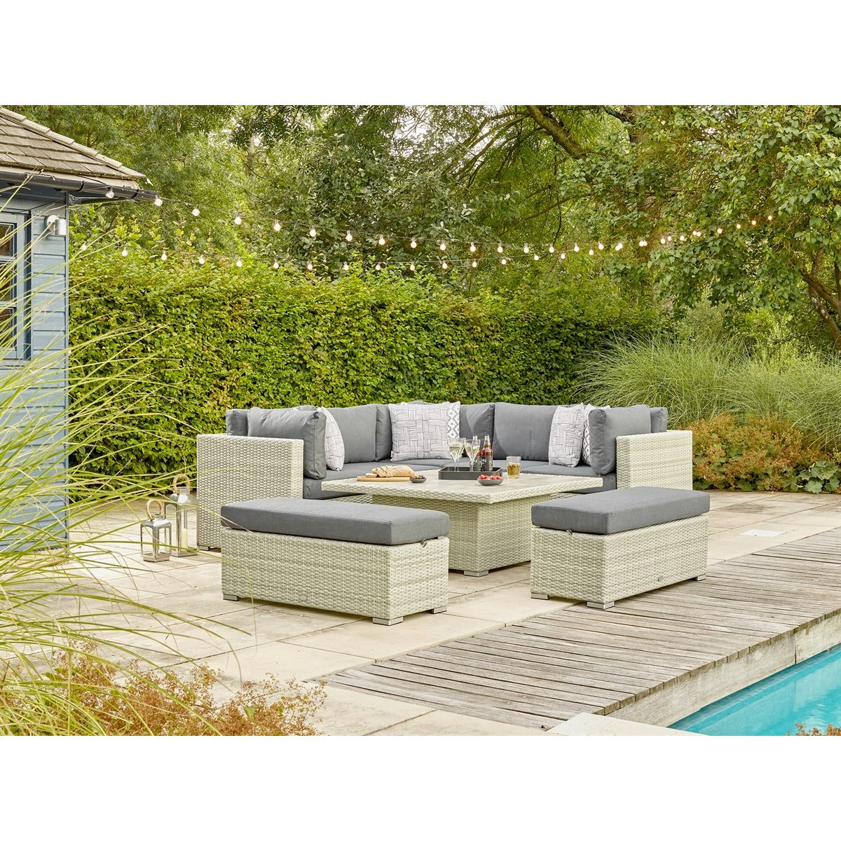 Cloud Rattan Corner Sofa with Square Dual Height Table & 2 Benchesgarden