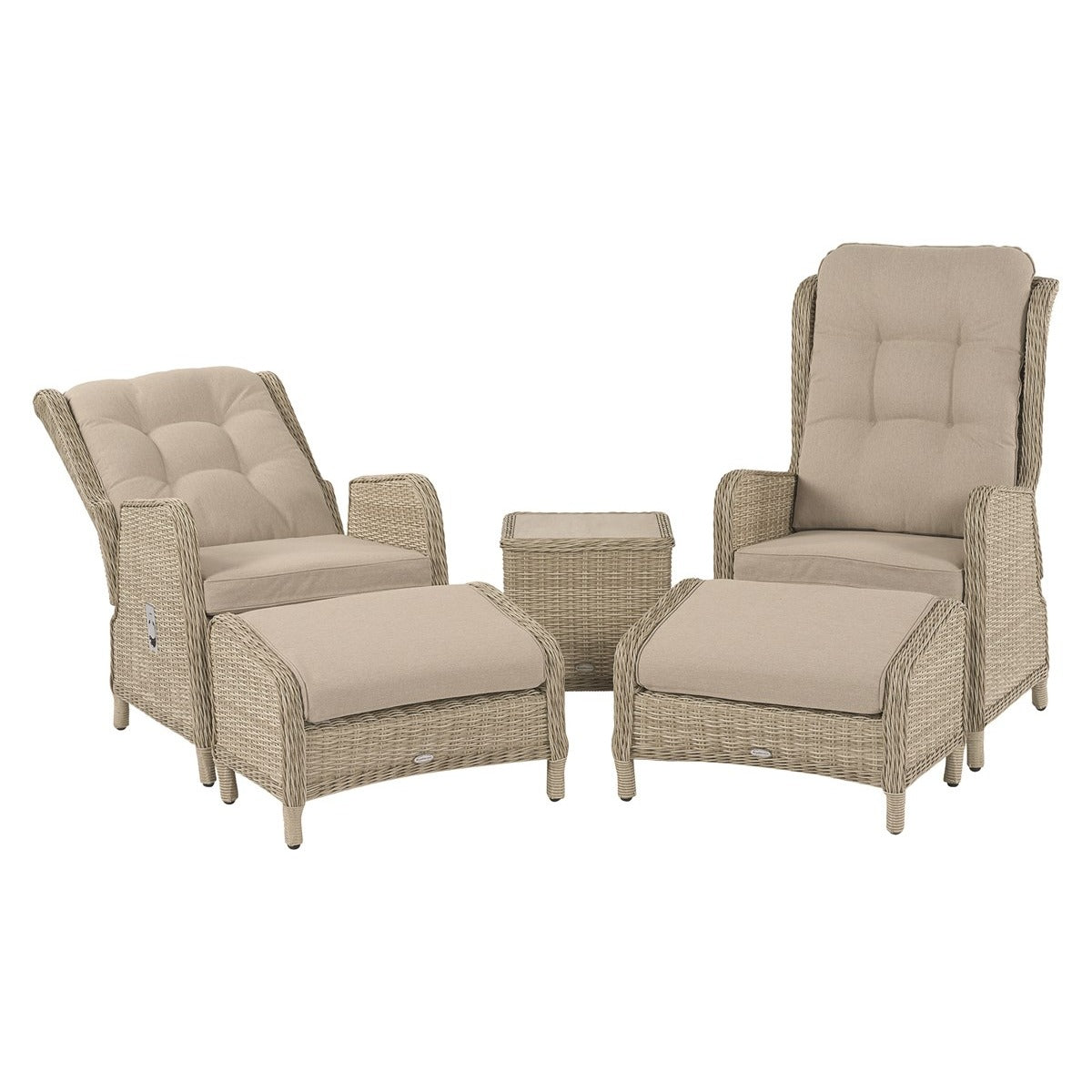 Sandstone Rattan Deluxe Recliner Set with 2 Footstools & Side Tablegarden