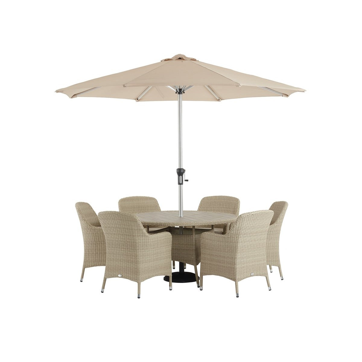 Nutmeg Rattan 6 Seat Round Dining Set with Tree-Free Top, Parasol & Basegarden