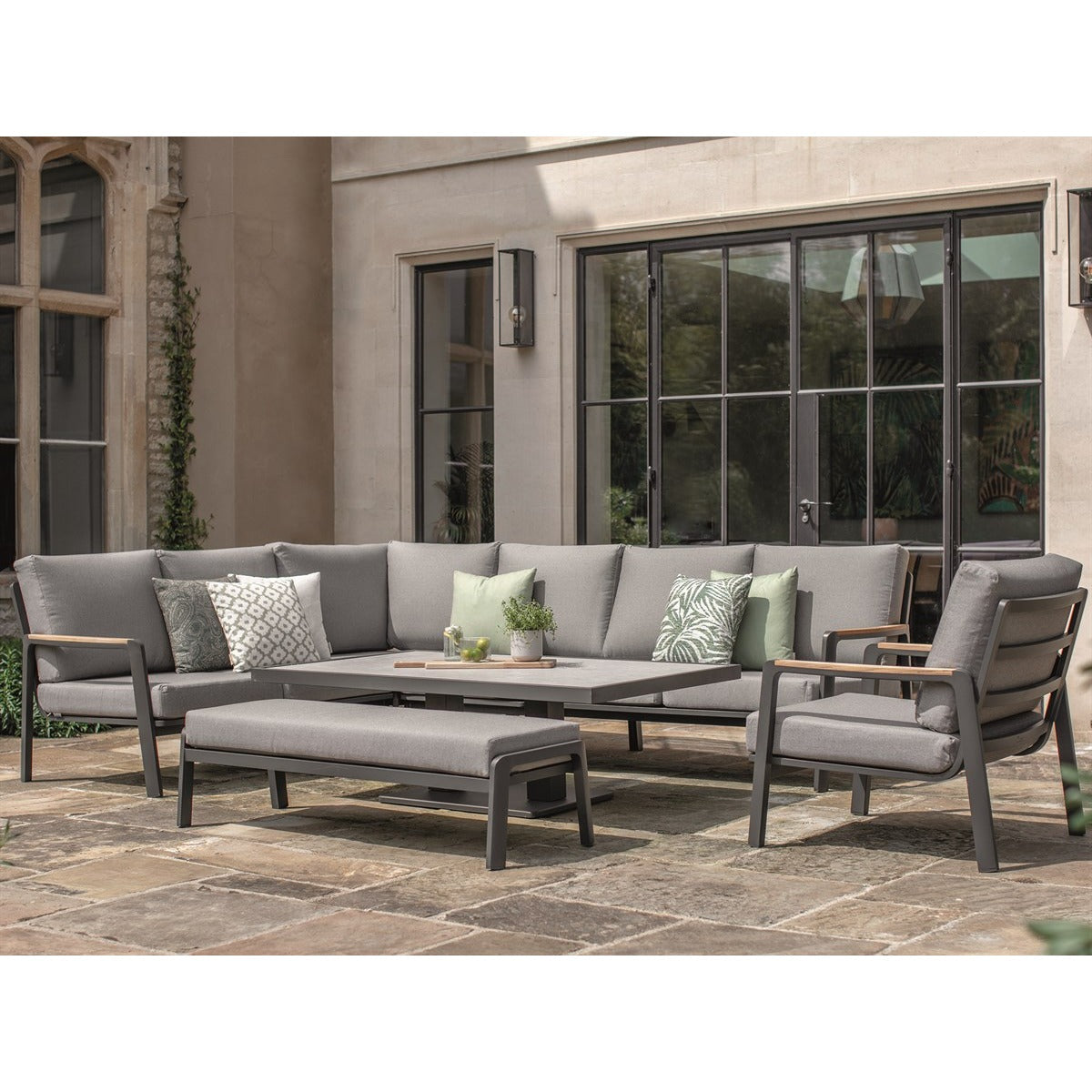 L-Shape Sofa Set with Piston Adjustable Height Table, Armchair & Benchgarden