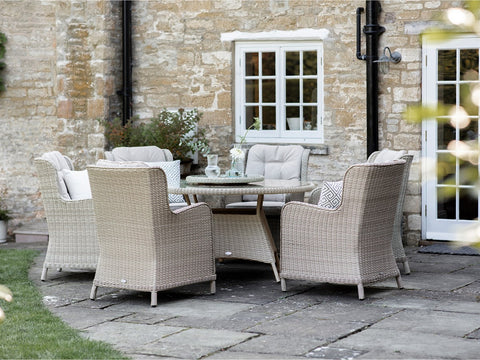 Sandstone Rattan 6 Seat Round Dining Set with Lazy Susan, Parasol & Basegarden