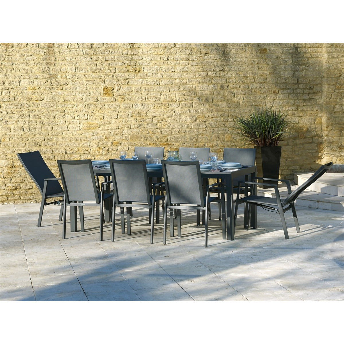 Textilene 8 Seat Rectangle Dining Set, including 2 Recliners, with Parasol & Basegarden