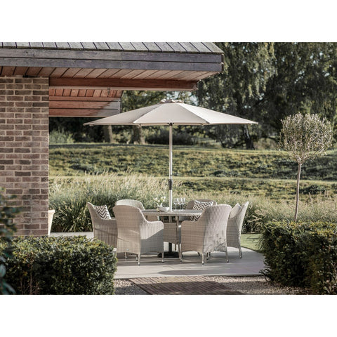 Nutmeg Rattan 6 Seat Round Dining Set with Tree-Free Top, Parasol & Basegarden