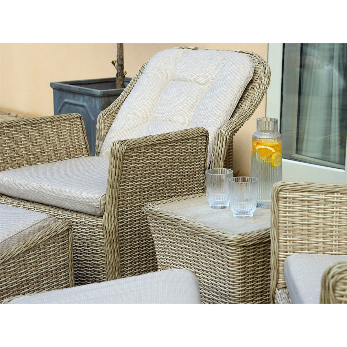 Sandstone Rattan Recliner Set with 2 Footstools & Side Tablegarden