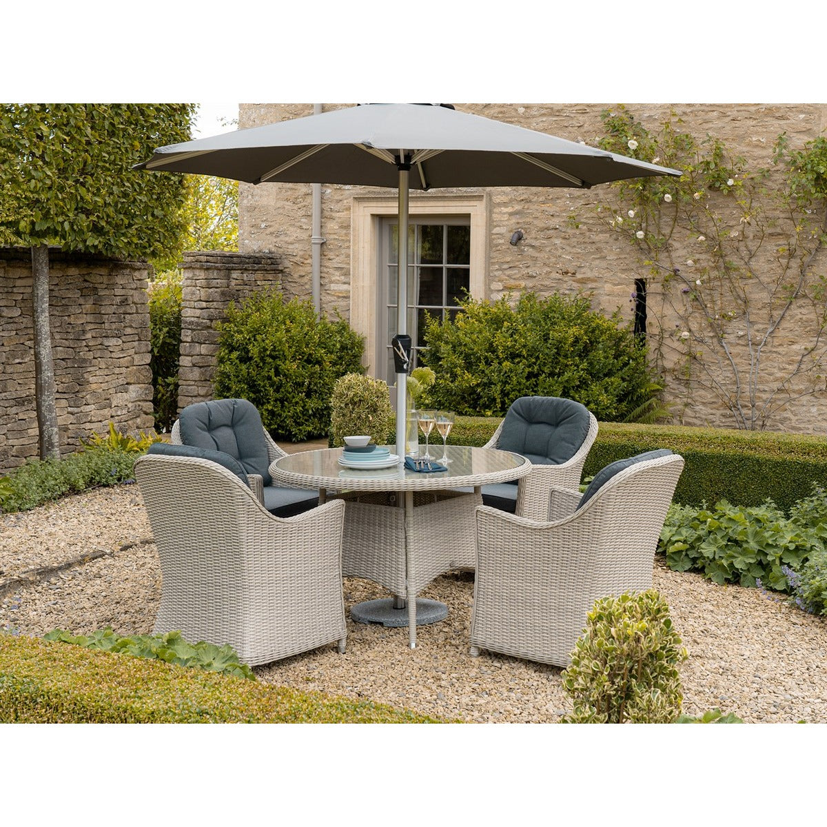 Dove Grey Rattan 4 Seat Round Dining Set with Parasol & Basegarden