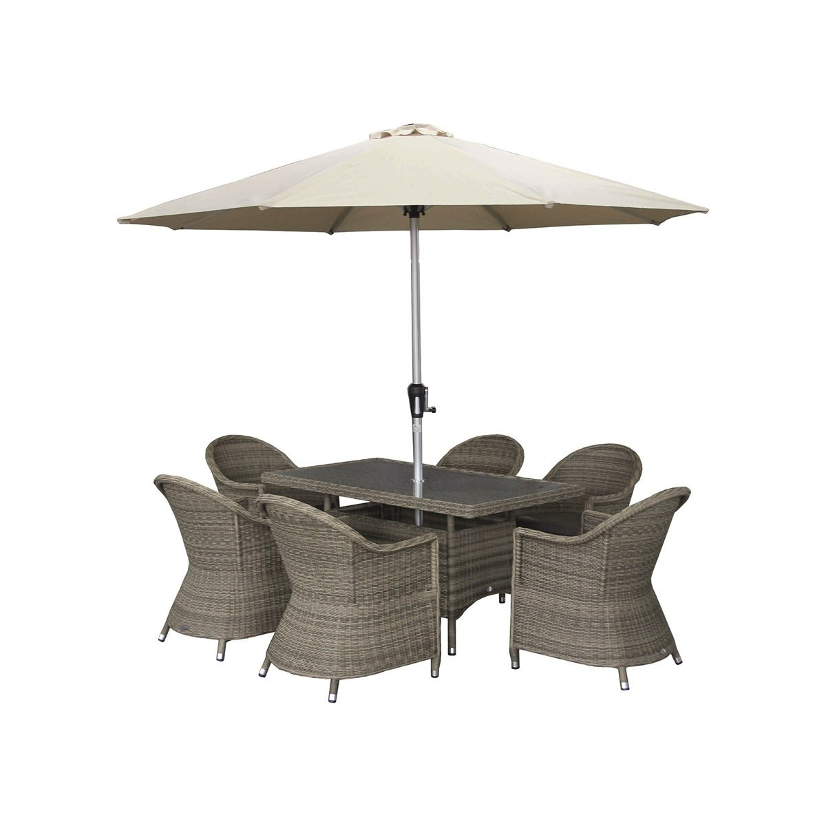 Rattan 6 Seat Deluxe Rectangle Dining Set with Parasol & Basegarden