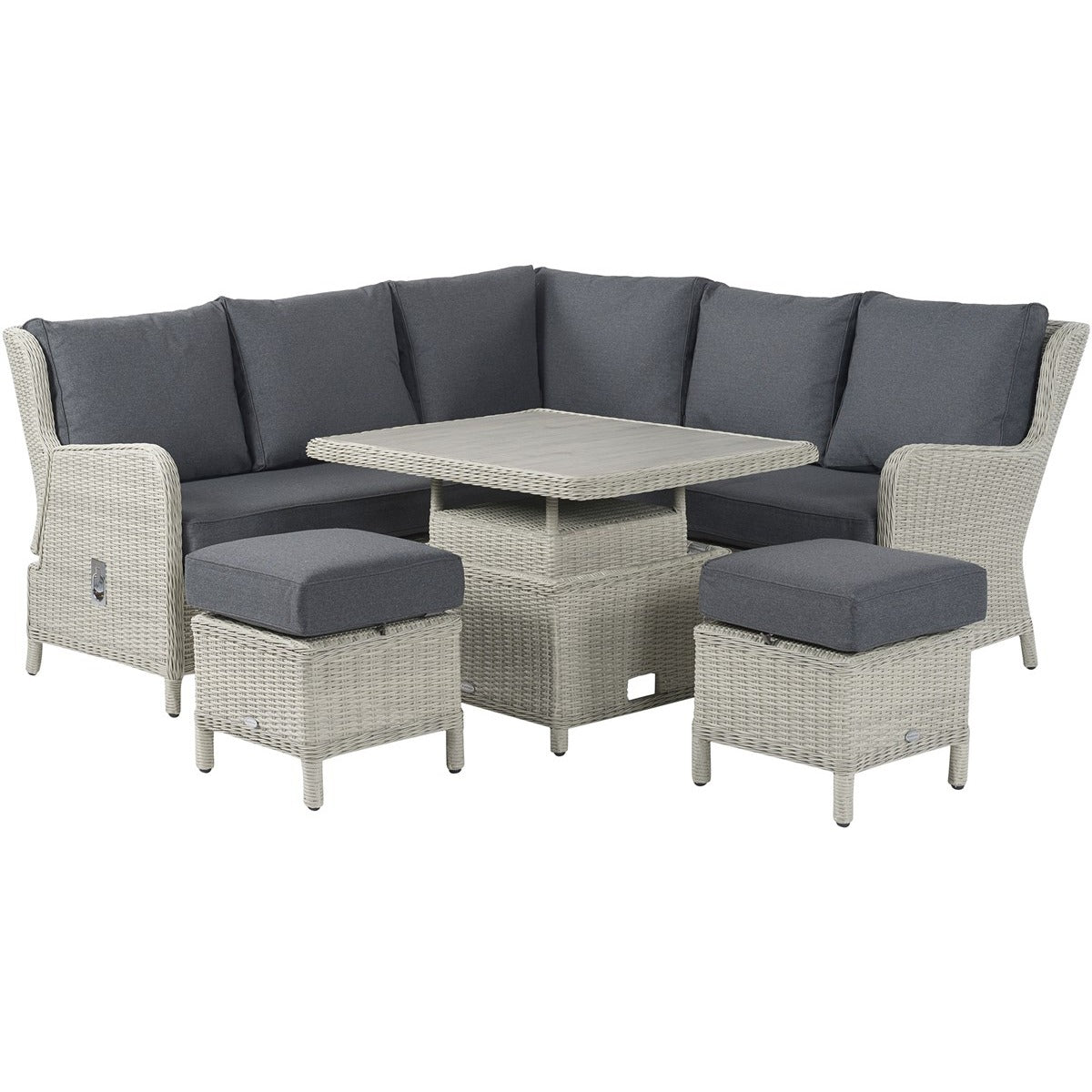 Dove Grey Rattan Reclining Mini Corner Sofa with Dual Height Table & 2 Stoolsgarden