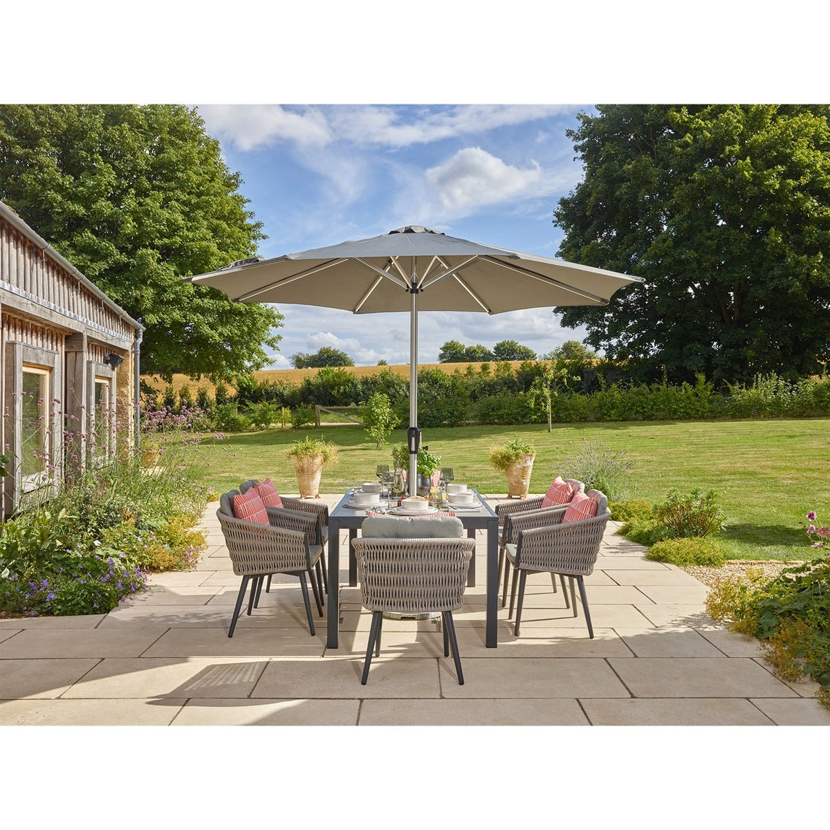 6 Seat Rectangle Dining Set with Parasol & Basegarden