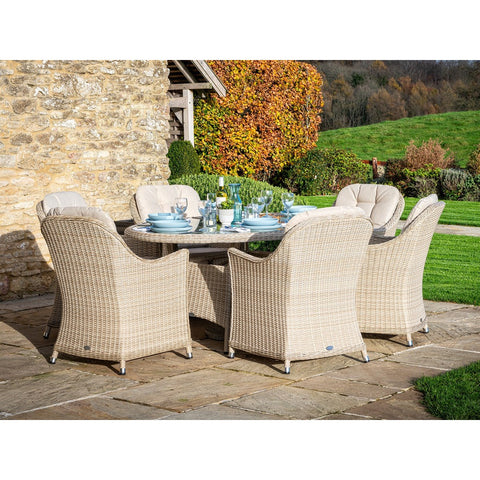 Sandstone Rattan 6 Seat Elliptical Dining Set with Parasol & Basegarden