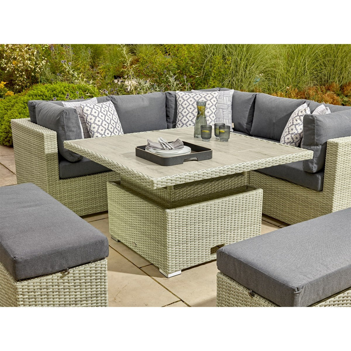 Cloud Rattan Corner Sofa with Square Dual Height Table & 2 Benchesgarden