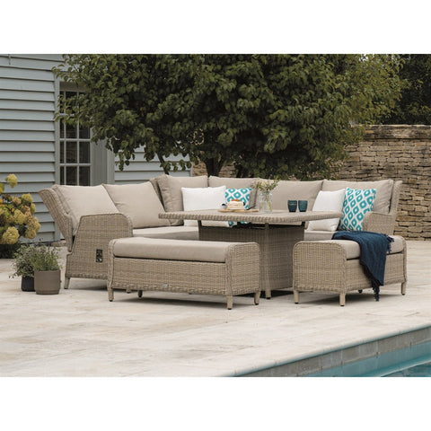 Sandstone Rattan Reclining Corner Sofa with Square Firepit Table & 2 Benchesgarden