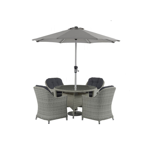 Dove Grey Rattan 4 Seat Round Dining Set with Parasol & Basegarden