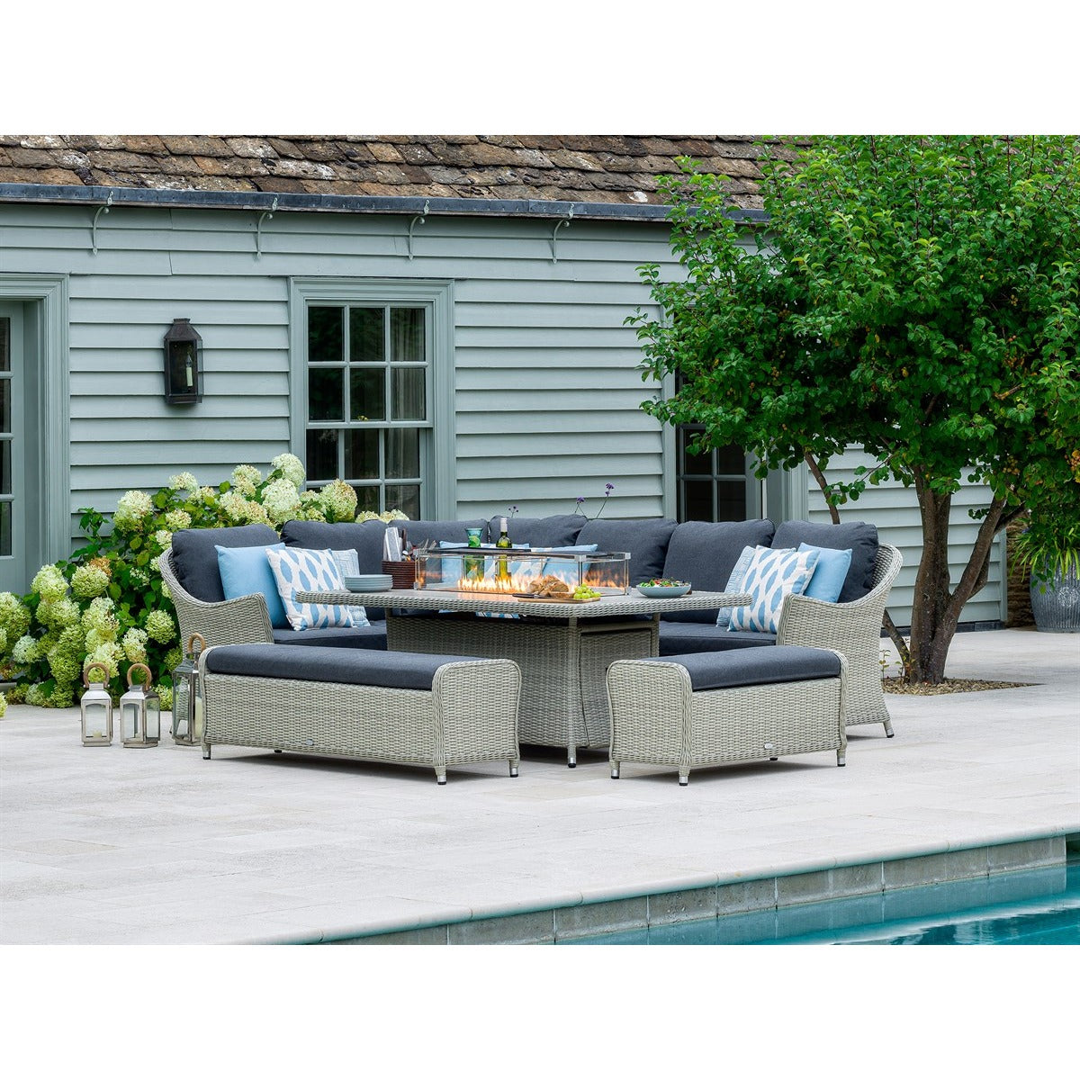 Dove Grey Rattan L-Shape Sofa with Rectangle Firepit Table & 2 Benchesgarden