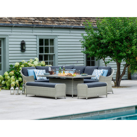 Dove Grey Rattan L-Shape Sofa with Rectangle Firepit Table & 2 Benchesgarden