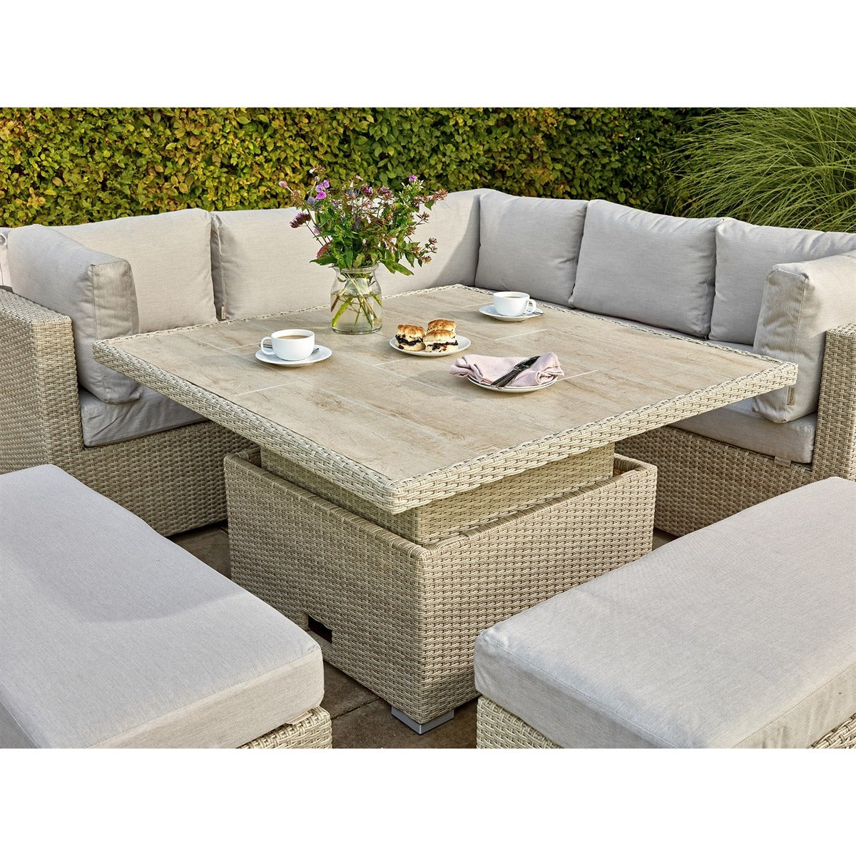 Nutmeg Rattan Corner Sofa with Square Dual Height Table & 2 Benchesgarden