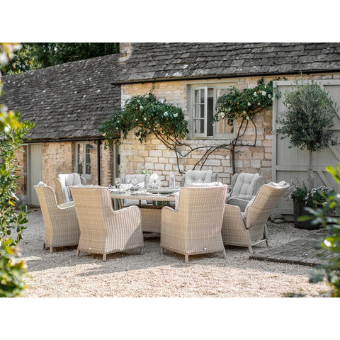 Sandstone Rattan 8 Seat Elliptical Dining Set (including 2 Recliners) with Lazy Susan, Parasol & Basegarden