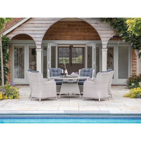 Dove Grey Rattan 6 Seat Round Dining Set with Lazy Susan, Parasol & Basegarden