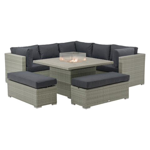 Cloud Rattan Corner Sofa with Square Firepit Table & 2 Benchesgarden