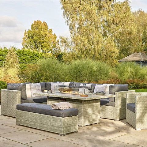 Kingscote Cloud Rattan L-Shape Sofa with Rectangle Firepit Table, Armchair & Benchgarden