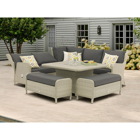 Dove Grey Rattan Reclining Corner Sofa with Square Firepit Table & 2 Benchesgarden