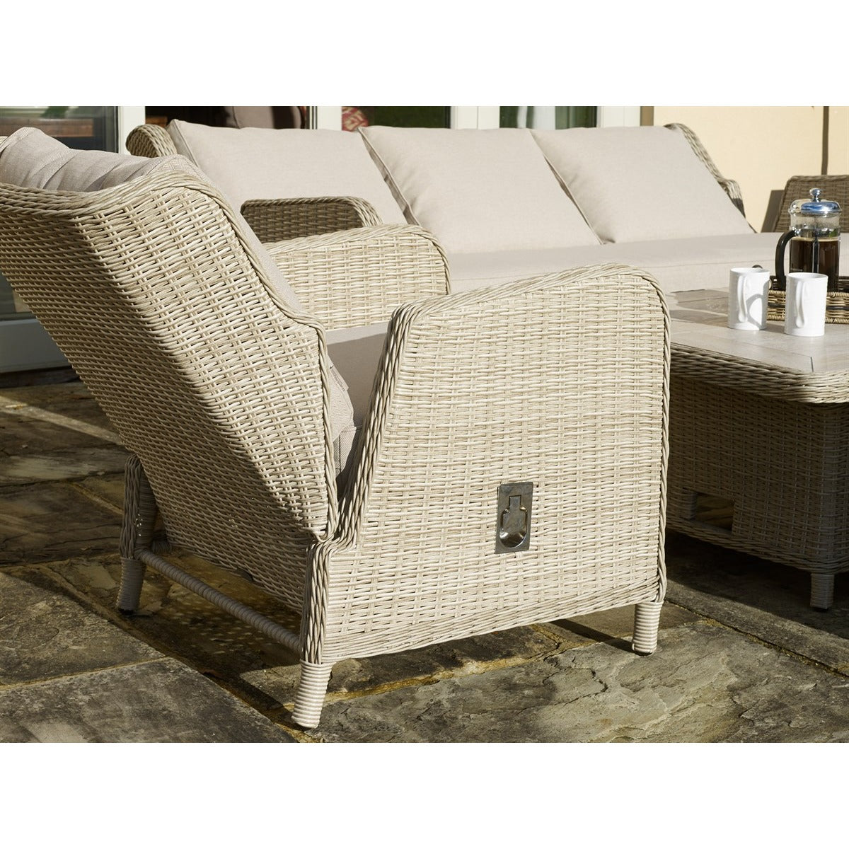 Sandstone Rattan Reclining 3 Seater Sofa with Rectangle Dual Height Table, 2 Reclining Armchairs & Benchgarden