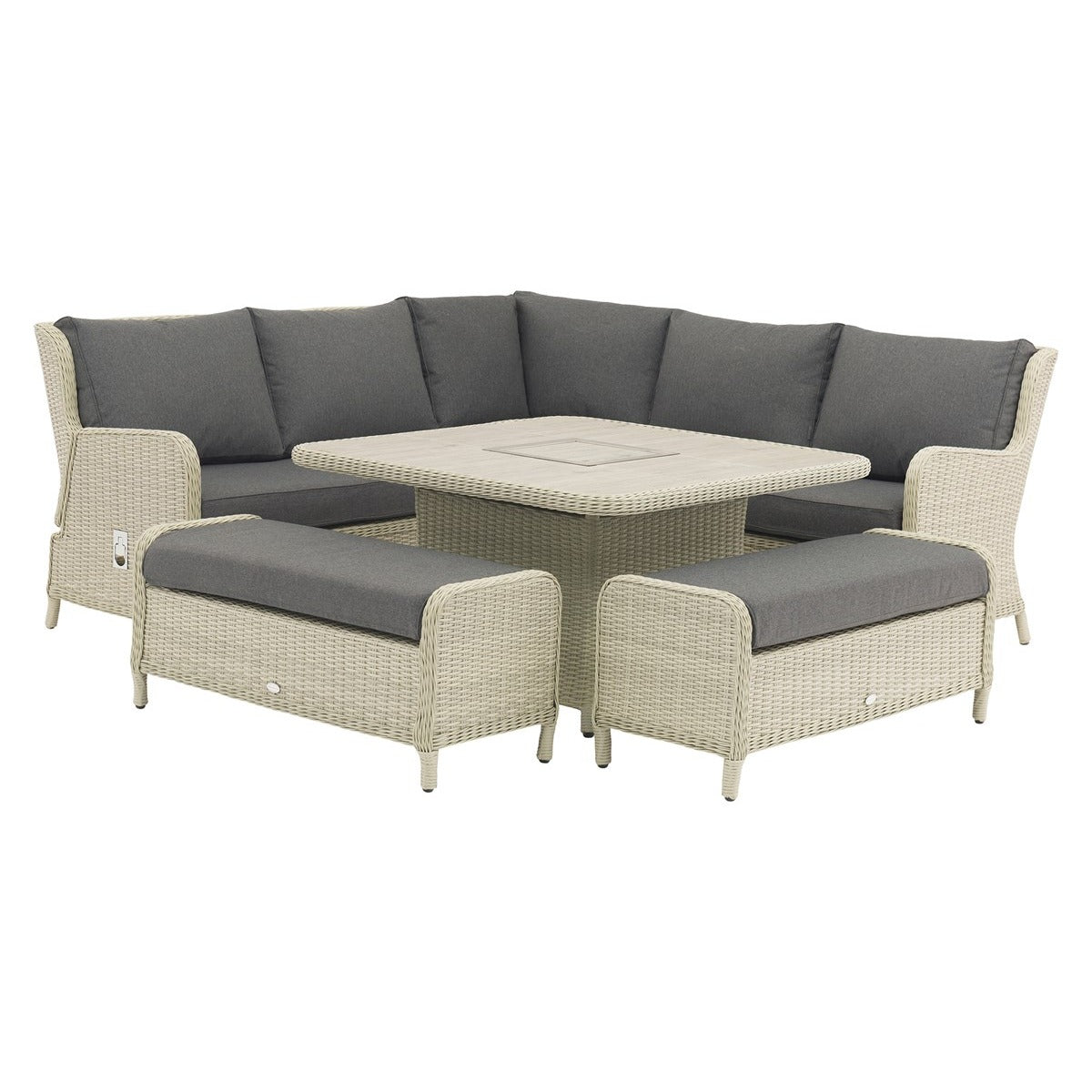 Dove Grey Rattan Reclining Corner Sofa with Square Firepit Table & 2 Benchesgarden