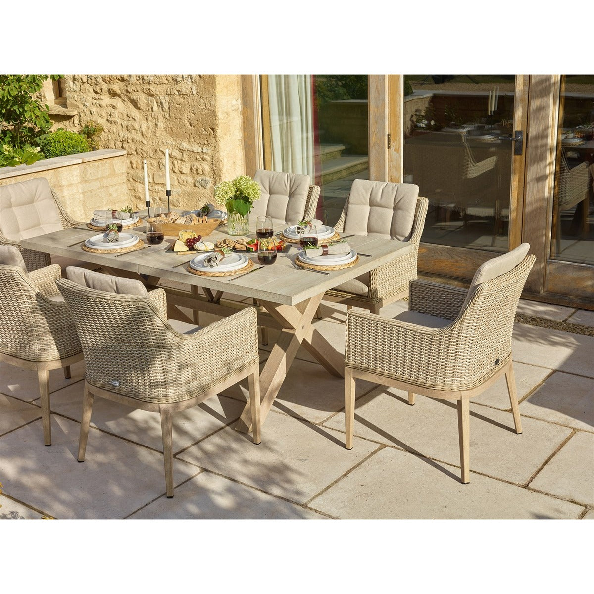 Sandstone Ceramic Rectangle Dining Set with 6 Rattan Vogue Armchairsgarden