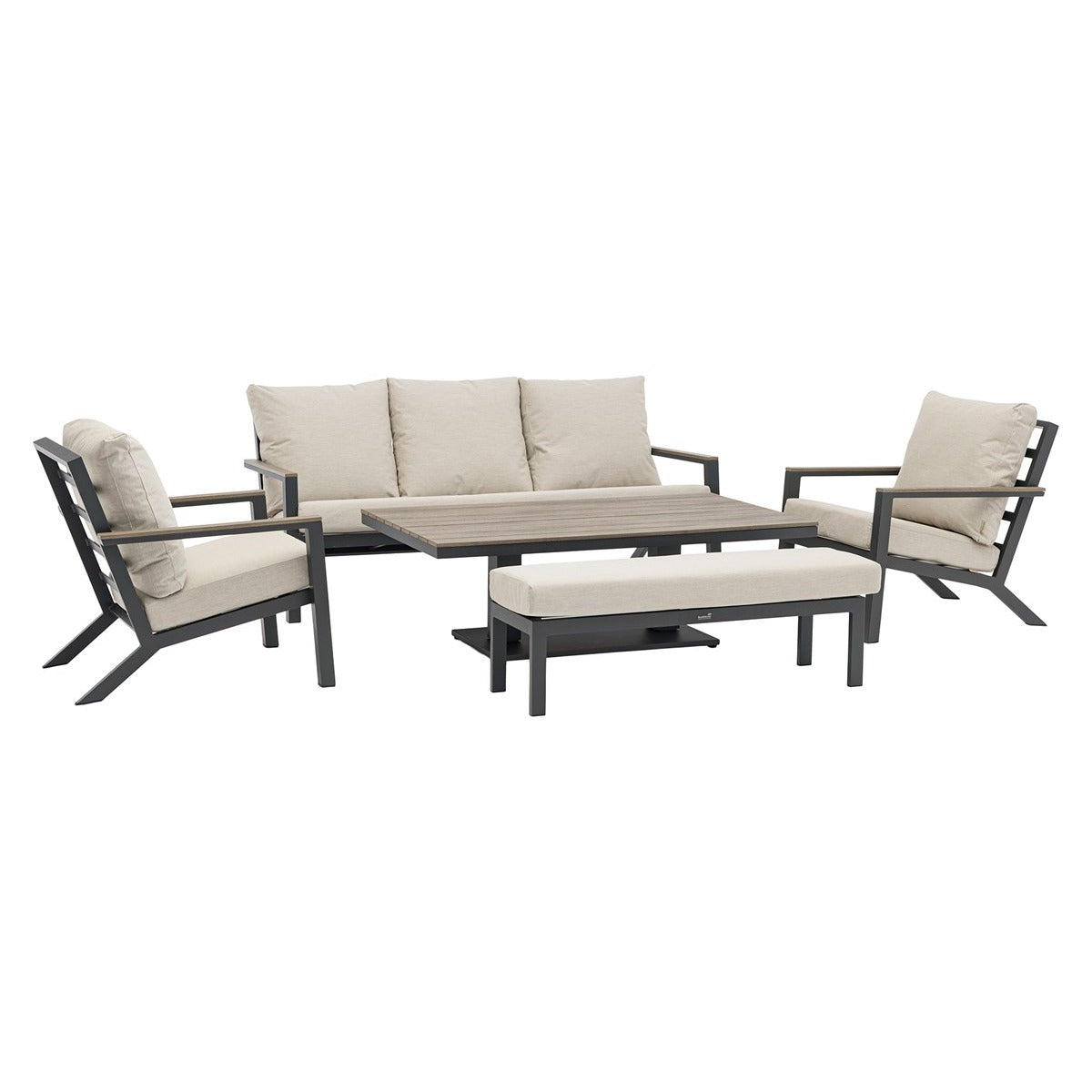 3 Seater Sofa with Rectangle Piston Adjustable Table, 2 Armchairs & Benchgarden