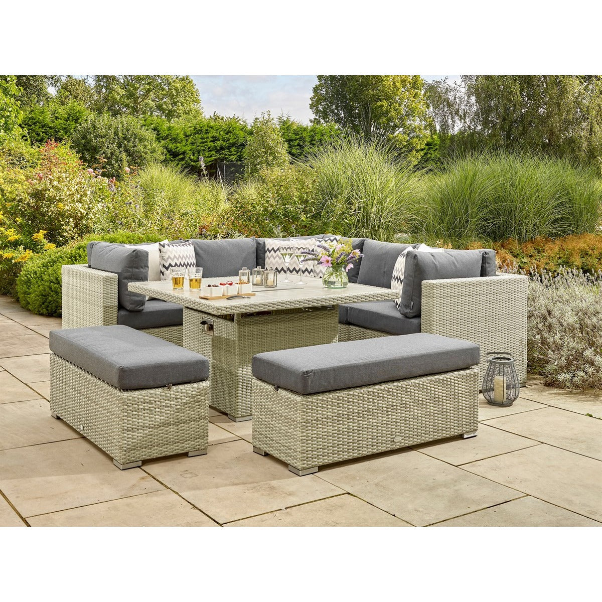 Cloud Rattan Corner Sofa with Square Firepit Table & 2 Benchesgarden